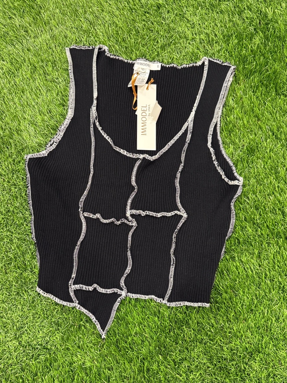 Wish Black Ribbed Crop Top with White Contrast Stitch